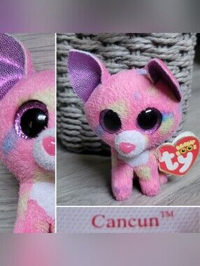 Ty Beanie Boos "Cancun the Chihuahua" Pink & Purple Plush (No Keychain Clip), 4"